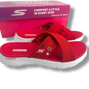 NEW Skechers Go Walk Flex Sandals Size 10 Patriotic Slip On Red Sparkles Flat